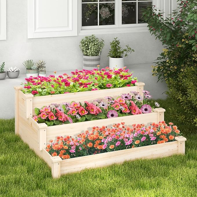 Giantex 3-Tier Raised Garden Bed, Tiered Planter Box w/Open-Ended Base, Fir Wood Elevated Raised Beds for Gardening, Vegetable Flower Herb Fruit, Perfect for Patio, Lawn, Backyard Giantex