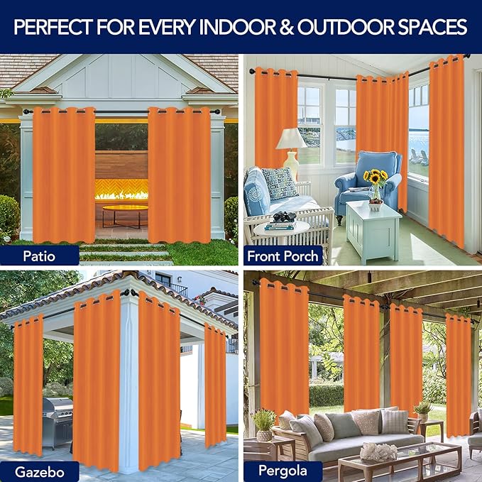 PureFit Outdoor Curtains for Patio Waterproof Weatherproof, UV Resistant Outside Curtains for Gazebo, Front Porch, Pergola, Sun Blocking Privacy Curtain, 52W x 95L inch, 1 Panel, Orange PureFit