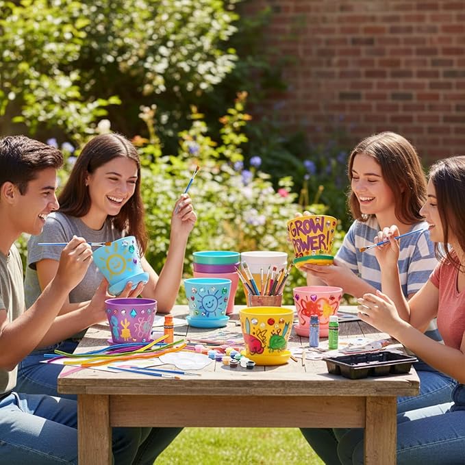 24 Set Garden Plastic Paintable Flower Pot Craft Kit 4" Starter Pots DIY Painting Party Supplies with Acrylic Paint Strips Gardening Kit for Planting Crafts Birthday Easter Spring Gift Rootora