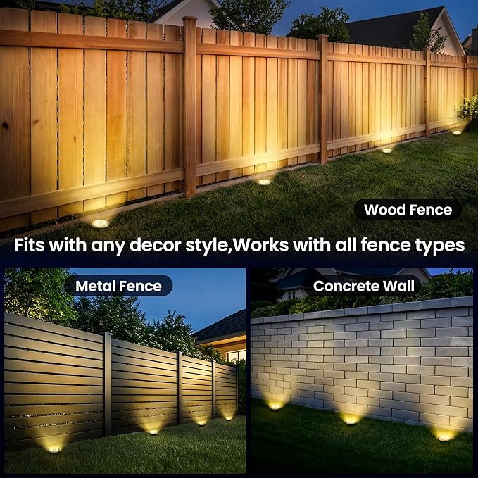 GIGALUMI Solar Ground Lights - No-Drill Fence Lighting Solution, Waterproof Perimeter Lights Compatible with Wood, Metal & Concrete Fences (16 Pack Warm White) GIGALUMI