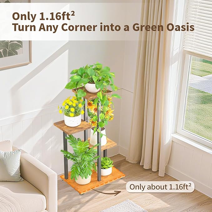 LASZOLA Black 4 Tiered Wood Plant Stand Indoor for Large Heavy Duty Planter, Sturdy Multi Level Corner Vertical Flower Rack for Narrow House, Rustic Tall Orchid Shelving Holder for Decor, Space Saving LASZOLA