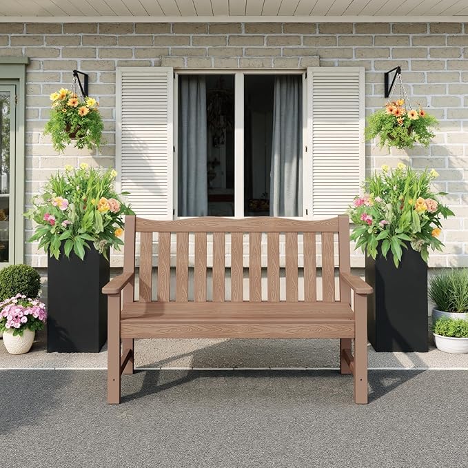 Stoog Outdoor Benches Set of 2, 2-Person Poly Lumber Garden Bench with Real Wood Look, Never Fade & Rust-Proof, All-Weather for Patio, Porch, Deck, and Backyard, Teak Stoog