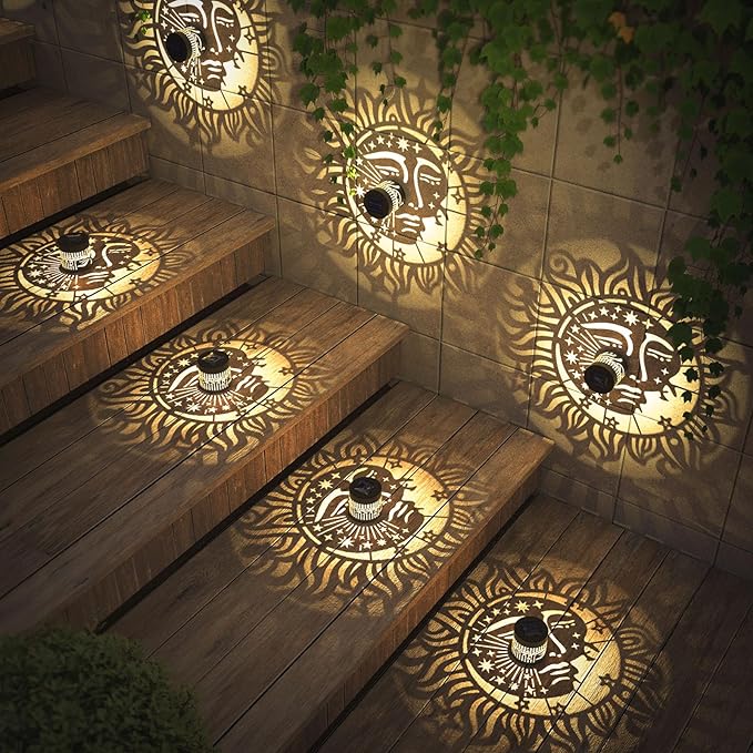 4 Pack Solar Fence Lights Metal Solar Powered Outdoor Wall Deck Step Lights Sun Moon Theme Waterproof Fence Light for Garden Post Patio Backyard Yard Decor, Gardening Gifts for Women Mom Grandma gardencave