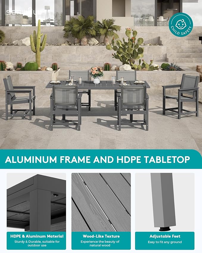 SERWALL 9-Piece Outdoor Dining Set, 60" - 83" Expandable Patio Dining Table with 6 Breathable Textilene Chairs, All Weather HDPE Patio Furniture Set for Backyard, Garden, Grey SERWALL