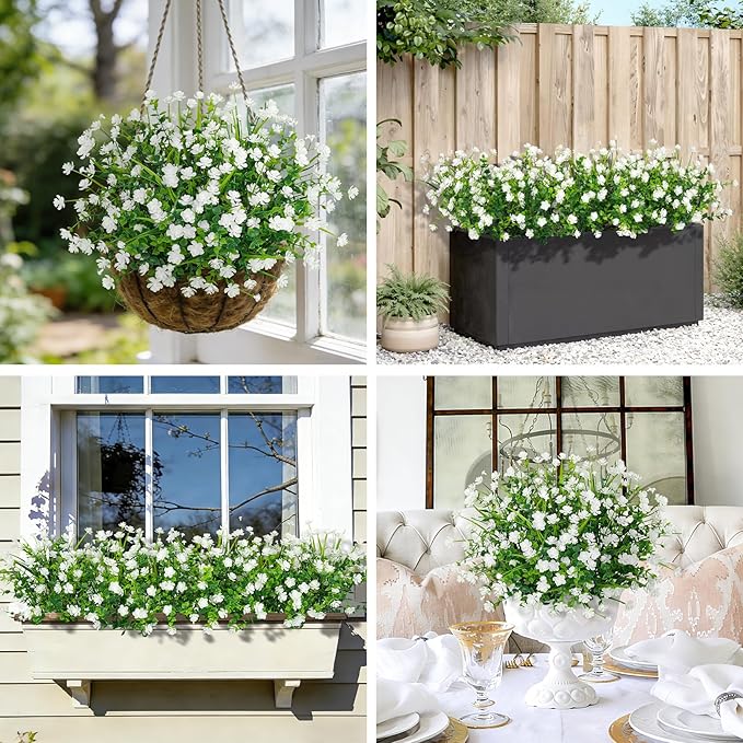 20 Bundles Artificial Flowers for Outdoors Fake Plastic Flowers UV Resistant Realistic Faux Plants Shrubs for Spring Summer Garden Porch Yard Patio Planter Window Box Home Decor, White Besteek