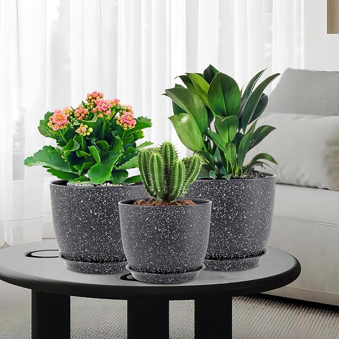 Plant Pots 10/9/8 inch, Set of 3 Modern Decorative Plastic Planters with Drainage Holes and Saucers for Garden House Plants, Flower Pots for Indoor Outdoor Plants, Speckled Black WSMKSZ