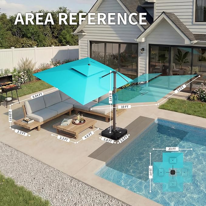 10 X 13 FT Cantilever Patio Umbrella with LED Lights Outdoor Heavy Duty Double Top Windproof Rectangle Offset Umbrellas with 360-degree Rotation for Pool Deck Backyard, Turquoise Ombrellon