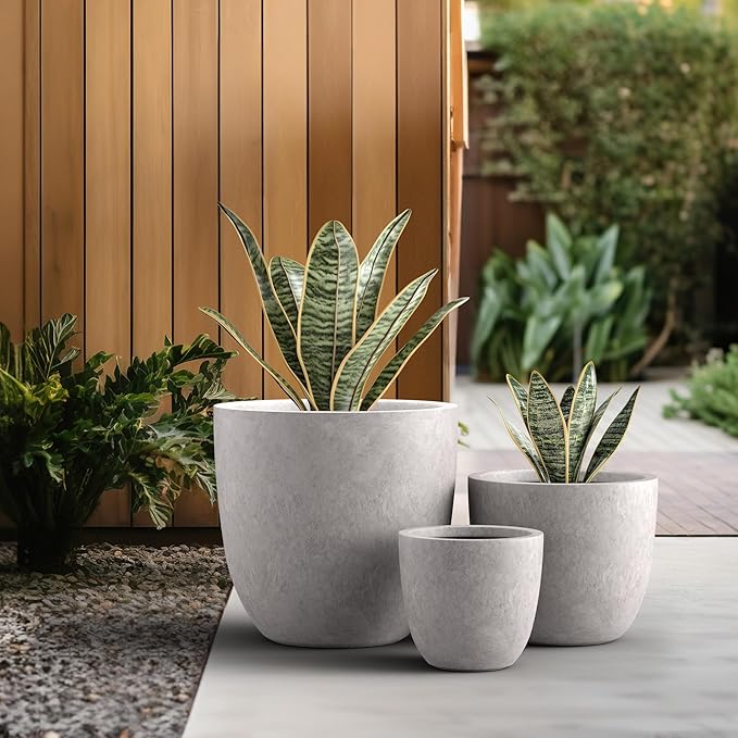 Kante 18",14",10" Dia Concrete Round Planters (Set of 3), Outdoor Indoor Large Planter Pots with Drainage Hole and Rubber Plug for Home Patio Garden, Light Gray Kante