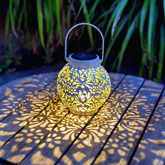 2 Pack Outdoor Solar Hanging Lantern Lights Metal LED Decorative Lamp for Garden Patio Courtyard Lawn and Table with Hollowed-Out Design (White) ExcMark