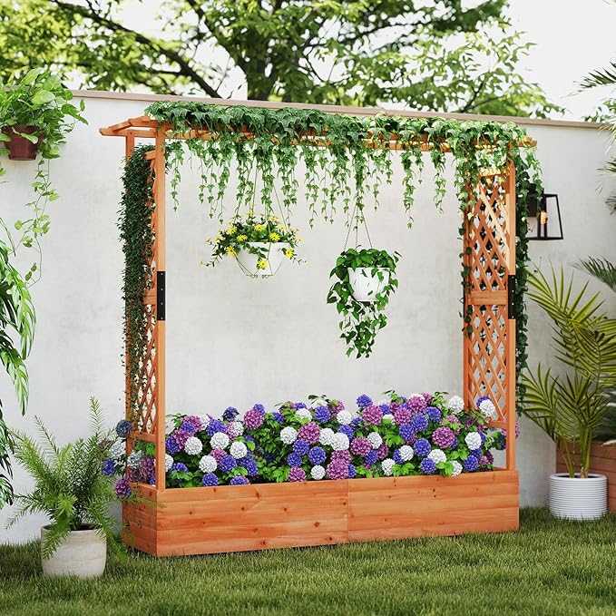 Giantex Set of 2 Raised Garden Bed with Trellis & Hanging Roof, Wood Planter Box with Bottom and Drainage Holes, Freestanding Garden Planter for Flower Vegetable Fruit Herb Climbing Vines, 77"x17"x72" Giantex