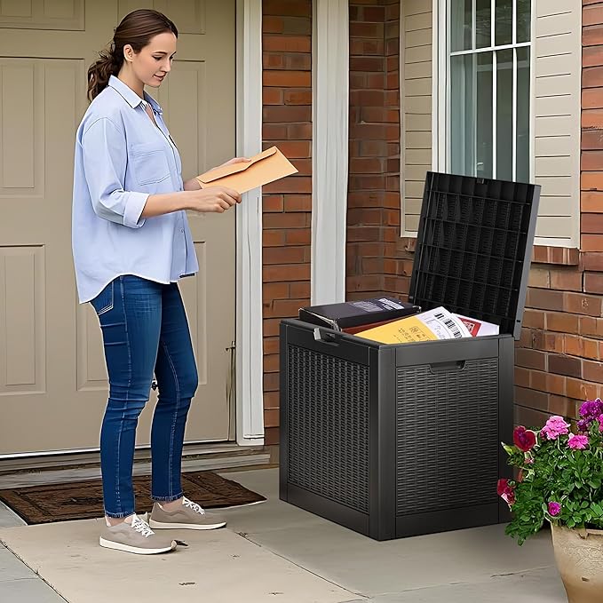 Outdoor Storage Box, Resin Deck Boxes Indoor and outdoor, Waterproof Storage Box Lockable Lid (Black, 35 Gallon) NBYSGO