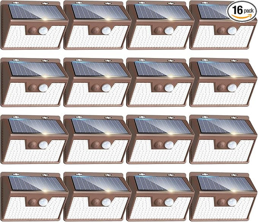 Peasur Brown Solar Lights Outdoor Motion Sensor 16 Pack, Ultra-Bright 3 Mode 140LED Fence Security Light Waterproof, Solar Wall Lighting for Patio Yard Step House Outside Cool White Peasur