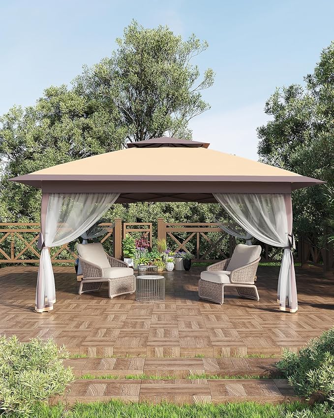 Canopy Tent 13x13 ft, Pop Up Gazebo One-Push Setup with 4 SandBags for Backyard Parties and BBQs, Mosquito Netting & Height Adjustable - Khaki & Coffee GarveeLife