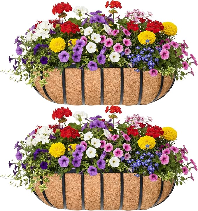 16“ Window Box Railing Planter with Coco Liner Metal Wall-Mounted Coconut Liner Planter Basket English Horse Trough Planters for Outdoor Deck Balcony Porch Fence Patio Black (2 Pack) KIDYBELL