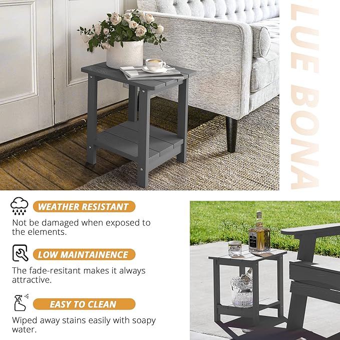 LUE BONA Adirondack Outdoor Side Table, 2-Tier Dark Grey HDPS Patio End Table Weather Resistant, Morden Side Table for Patio, Pool, Porch LUEBONA