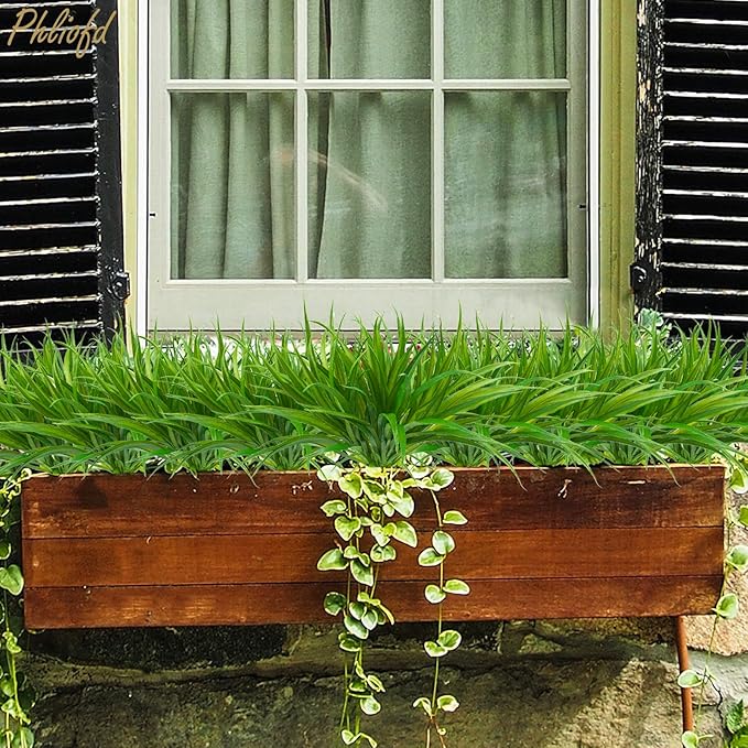 6Pcs Artificial Grass Fake Plants 17.3in 16 Leaves Outdoor Fake Grass UV Resistant Greenery Plastic Plants for Home Window Garden Office Patio Hanging Planter Pathway Front Porch Décor Phliofd
