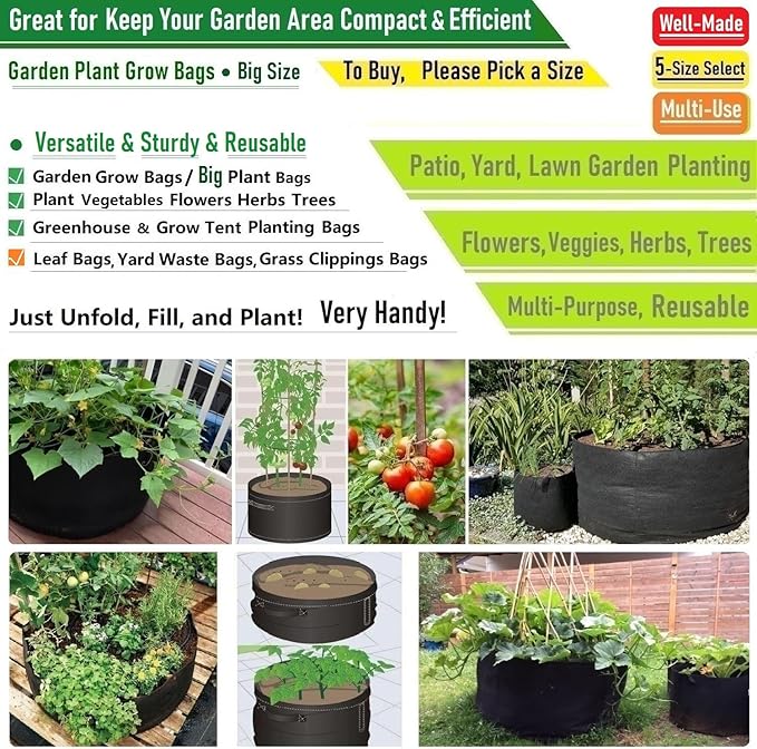 3-Pack 50 Gallon Thickened Plant Grow Bags Large (30x16 in) Heavy Duty Fabric Plant Pots Garden Bag for Potato,Tomato Planter,Herbs Veggies Planting,Flower Pots,Barrel Planter,Leaf Bag,Yard Waste Bags TespherCreationsforYardWorkLawnsCareandGardeningJobsOutdoorActivitiesRVCampingTrips
