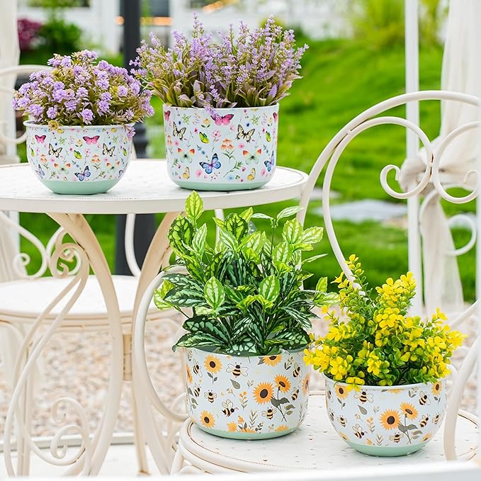 Butterfly & Bee Metal Planters Set of 2 – Decorative Flower Pots with Colorful Garden Prints, Outdoor & Indoor Use Cute Spring Floral Design for Patio, Balcony, Home Decor (Butterfly) JointHonglin