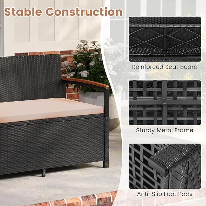 Tangkula 46 Gallon Outdoor Bench with Storage, Outdoor PE Rattan Storage Bench with Cushion, Backrest & Acacia Wood Armrests, Metal Frame, Waterproof Deck Box Seat for Porch Backyard Poolside TANGKULA
