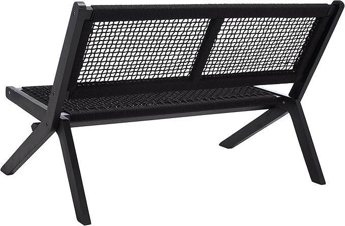 SAFAVIEH Outdoor Collection Kobina Black Acacia Wood/Black Rope Foldable Bench SAFAVIEH