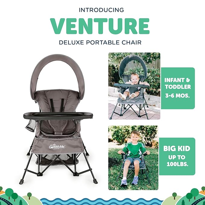 Baby Delight Go with Me Venture Portable Chair | Indoor and Outdoor | Sun Canopy | 3 Child Growth Stages | Grey BabyDelight