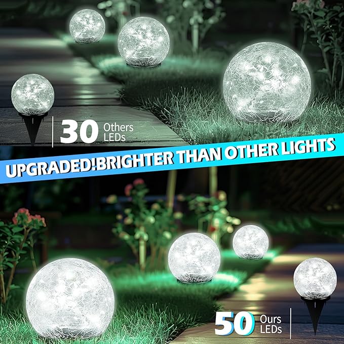 Coroor Garden Solar Ball Lights Outdoor Waterproof, 50 LED Cracked Glass Globe Power Ground for Path Yard Patio Lawn, Outdoor Decoration Landscape White (2 Pack 4.7'') Coroor