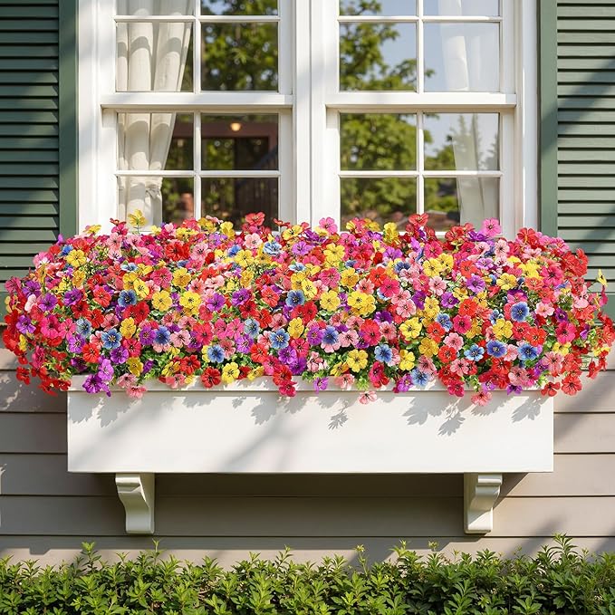 Alupssuc 32 Bundles Artificial Flowers for Outdoors Decoration, UV Resistant Silk Faux Floral Spring Fake Plastic Plants Greenery for Outside Indoor Home Garden Porch Window Box Decor, Mix 6 Colors Alupssuc