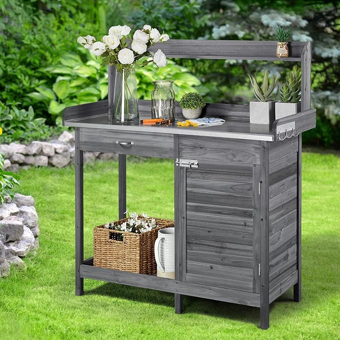 Yaheetech Outdoor Potting Bench Table, Garden Workstation w/Metal Tabletop/Cabinet Drawer/Open Top/Lower Shelf/Handy Hooks for Horticulture,Gray Yaheetech