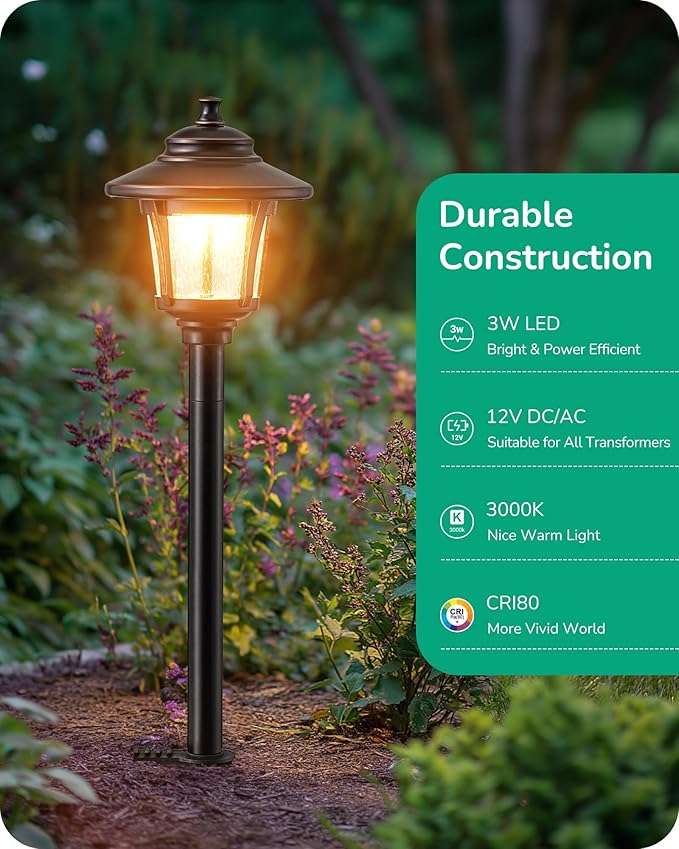 EDISHINE Low Voltage Landscape Lights, 12V 3W 120LM 3000K Seed Glass Outdoor Landscape Path Lights with Connectors, ORB Waterproof Electric LED Pathway Light Wired for Walkway Garden Yard, 6 Pack EDISHINE