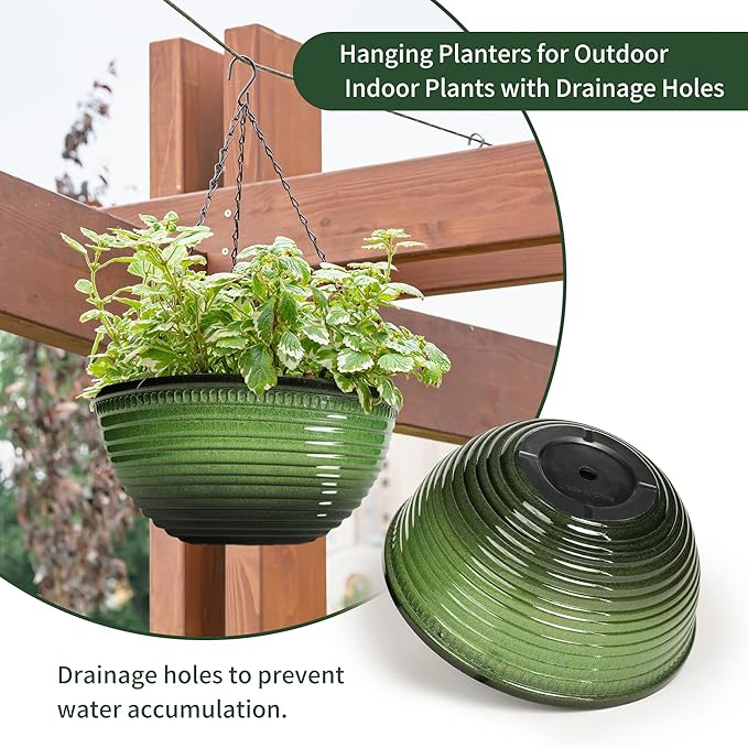 12 inch Hanging Planters for Indoor Outdoor Plants, 2 Pack Large Hanging Flower Pots with Drainage Holes and Chain, Glazed Hanging Baskets for Home Garden Decoration, Green Vanslogreen
