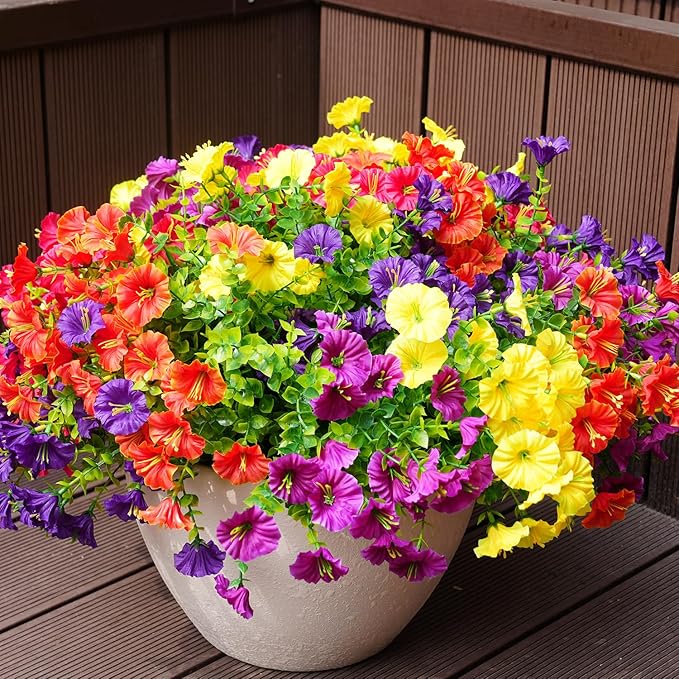 Artificial Flowers for Outdoors, UV Resistant Fake Silk Morning Glory, Realistic Faux Plants for Outside Porch Patio Window Box Hanging Planter (16, Purple Fuchsia Yellow Orange) maxkes