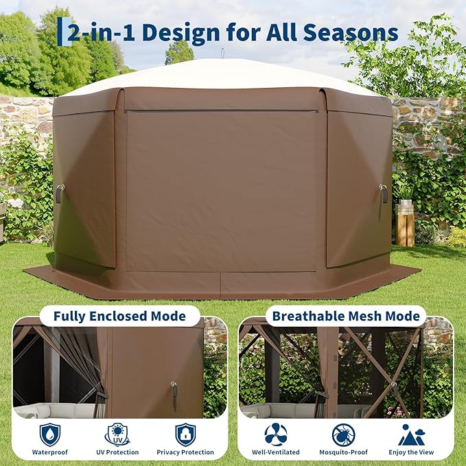 11.5x11.5FT 6-Sided Pop Up Gazebo Tent，One-Push Setup Canopy Tent with Mesh Panels & Removable Wind Cloths, Outdoor shelter for Camping, Backyard Parties, Outdoor Events - Beige & Khaki GarveeLife
