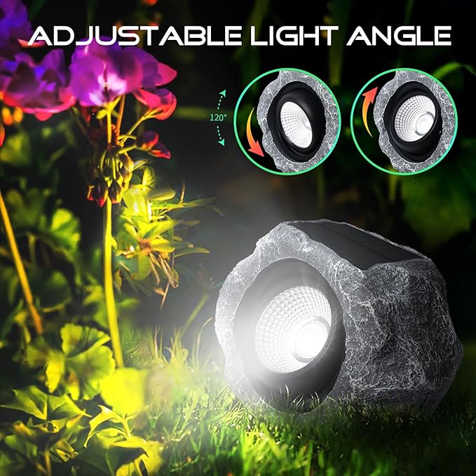 4 Pack Solar Rock Lights Outdoor, Angle Adjustable Solar Lights Outdoor Waterproof, LED Solar Garden Lights, Auto On/Off Landscape Lighting for Yard Pathway Patio Flower Bed - White Glow (Stone Gray) DGSCAK