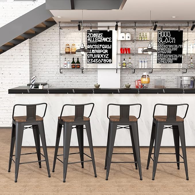 Yongchuang 24" Metal Barstools Set of 4 Counter Bar Stools with Wood Top Low Back Matte Black YongchuangInternational