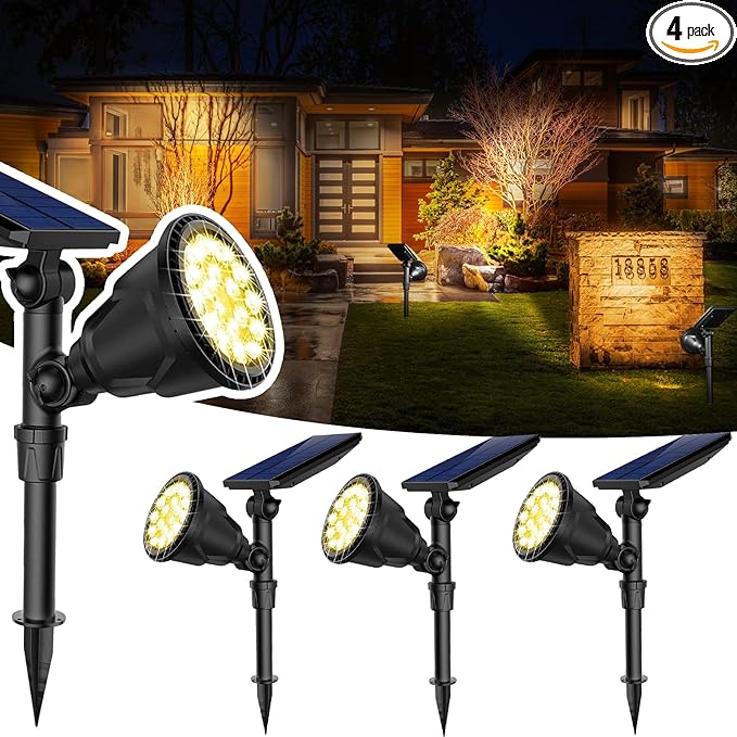 JSOT 600 Lumen Bright Solar Lights Outdoor Waterproof,Solar Powered Landscape Spotlights Solar Walkway Lighting for Backyard Garden Pathway Driveway Path Wall Patio Decor Warm White 4 Pack JSOT