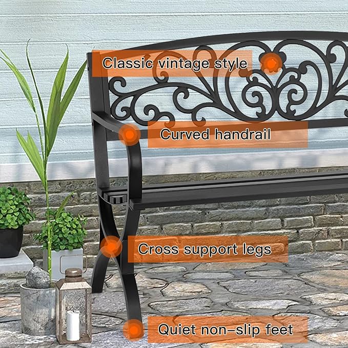Patio Garden Bench 50 inch Outdoor Metal Loveseat Chairs with Armrests Slatted Seat and w/Floral Design Backrest for Park, Yard, Porch, Lawn, Balcony, Backyard, Black FDW