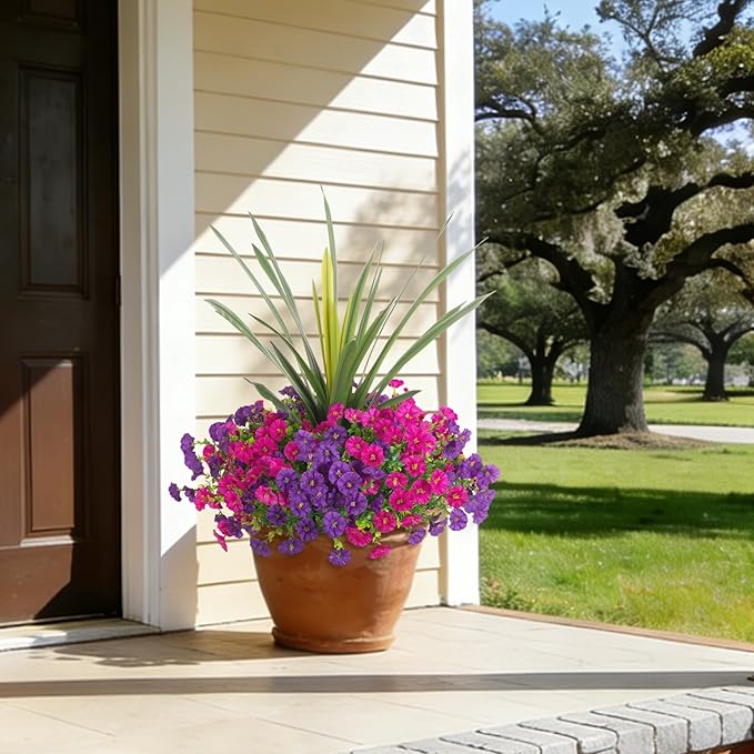 Artificial Flowers for Outdoors Fake Plants Outside, 12 Bundles Silk Morning Glory with Eucalyptus + Orchid Leaf UV Resistant Realistic Faux Flowers for Porch Planter Garden Patio (Purple Fuchsia) INXUGAOArtificialFlowers