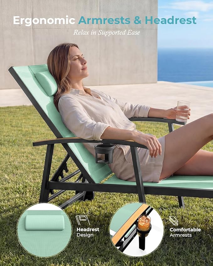 Ciokea Outdoor Lounge Chair with Pillow Set of 4, 5-Position Chaise Lounge with Wheels & Armrests, 400 lbs Heavy Duty Aluminum Pool Lounge Chairs, for Beach, Deck, Poolside & Backyard, Light Green CIOKEA