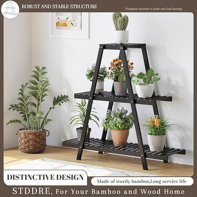 Plant Stand For Indoor Outdoor Tiered Plant Shelf 3 Tier 8 Potted Bamboo Flower Holder Ladder Rack For Multiple Triangle Table Plant Pot Stand (Black) LifeTakesaDifferentTurn