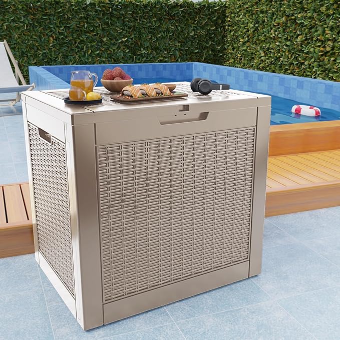 31 Gallon Outdoor Deck Box, Lockable Waterproof Outdoor Storage Boxes For Garden Tools,Indoor Cushions,Accessories Outside Storage Resin Weatherproof Container(Grey) MAIUSCOLI