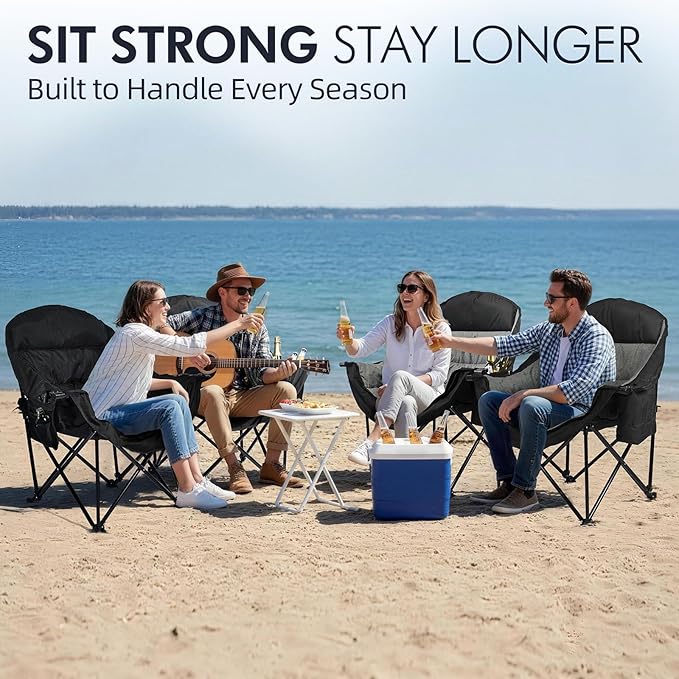 Oversized Camping Chair for Adults - Heavy Duty Outdoor Padded Large Lawn Camp Chair with Cup Holder Cooler Pockets for Sports Beach Fishing Garden Portable Supports 500lbs, AllBlack 2 Pack PUVASIA