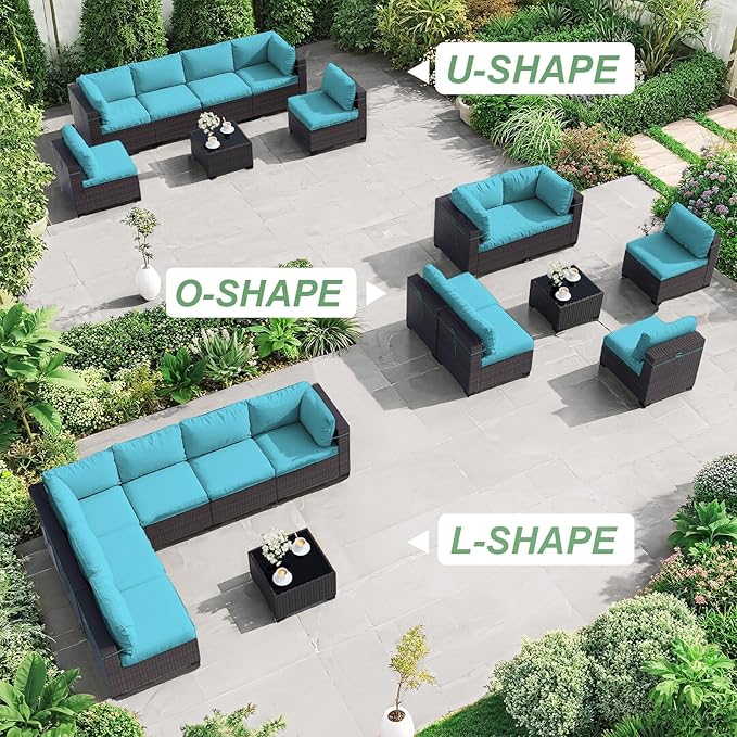ALAULM Patio Furniture Set with Coffee Table, 7 Pieces Outdoor Sectional with Wide Seat and Thick Cushion, All Weather Wicker Rattan Conversation Set for Backyard, Garden, Deck, Turquoise ALAULM