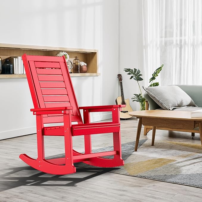 GREENVINES Outdoor Rocking Chairs | Set of 2 | Porch Rocker | HDPE Plastic | Red | Oversized Rockers | High Back | Big & Tall | Ladder Back | for Patio Outside Backyard Balcony GreenVines