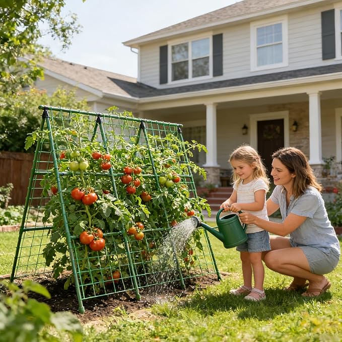 Miory Cucumber Trellis for Raised Beds, 48 x 48 Inch Metal A-Frame Garden Trellis for Climbing Plants Outdoor with Climbing Net, Plant Support for Cucumber Tomato Bean Pea Miory