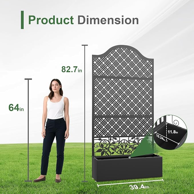 Metal Raised Garden Bed with Trellis & Privacy Screen - 83"x40"x11.8" Freestanding Planter Box for Patio Balcony, Modern Planter with Drainage Holes for Climbing Plants, Flowers & Vegetable XOCUWU