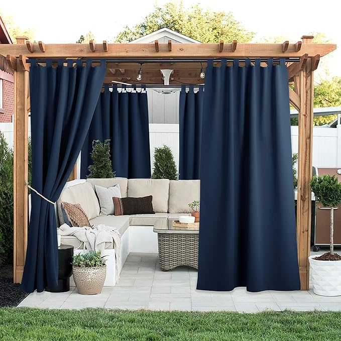 NICETOWN 2 Panels Navy Blue Outdoor Curtainss for Patio Waterproof, Self-Stick Detachable Tab Top Blackout Thermal Insulated Public Dividers Vertical Drapes for Front Porch & Canvas, W52 x L84 NICETOWN