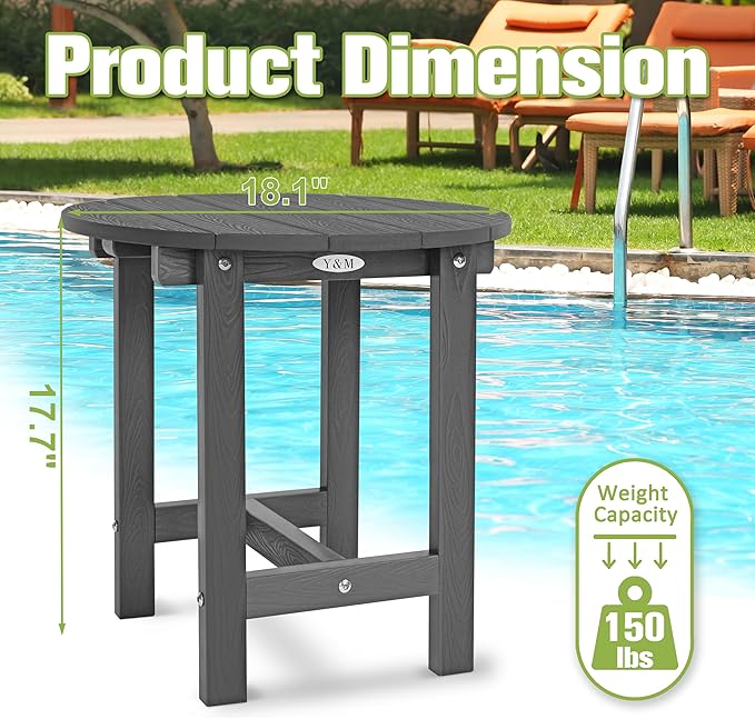 Y&M Outdoor Side Table, Waterproof Four-Legged Round Entryway End Table, Single-Tier HDPE Modern Small Coffee Nightstand for Bedroom, Living Room, Patio, Indoor or Outdoor Use, Dark Gray YM