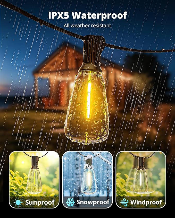 VIPAR Outdoor String Lights 60FT LED Patio Lights LED Waterproof with 26+2 Shatterproof ST38 Edison Bulbs, 2700K Connectable Outside Hanging Light for Porch, Garden, Backyard, Deck, Balcony, Decor VIPAR