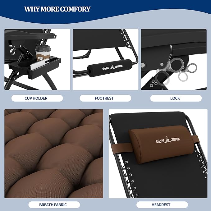 UDPATIO Oversized Zero Gravity Chair Set of 2, 29In XL Patio Reclining Chair with Cushion, Outdoor Folding Recliner with Pillows|Cup Holder|Foot Rest|Padded Headrest, Brown, Support 500LB UDPATIO