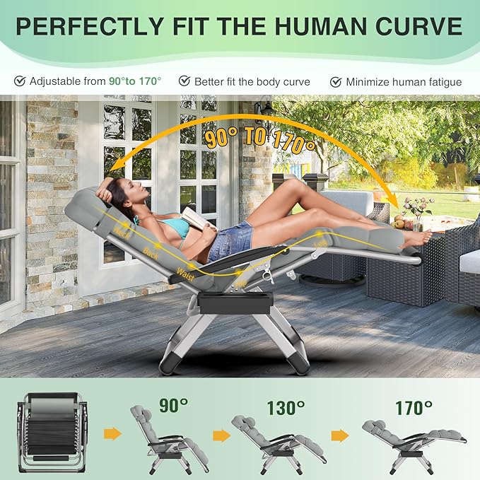 Suteck Oversized Zero Gravity Chair,33In XXL Outdoor Recliner Chair w/Removable Cushion&Headrest, Camping Lounge Chair w/Upgraded Lock&Footrest, Reclining Patio Chairs for Indoor Outdoor,500LBS Suteck